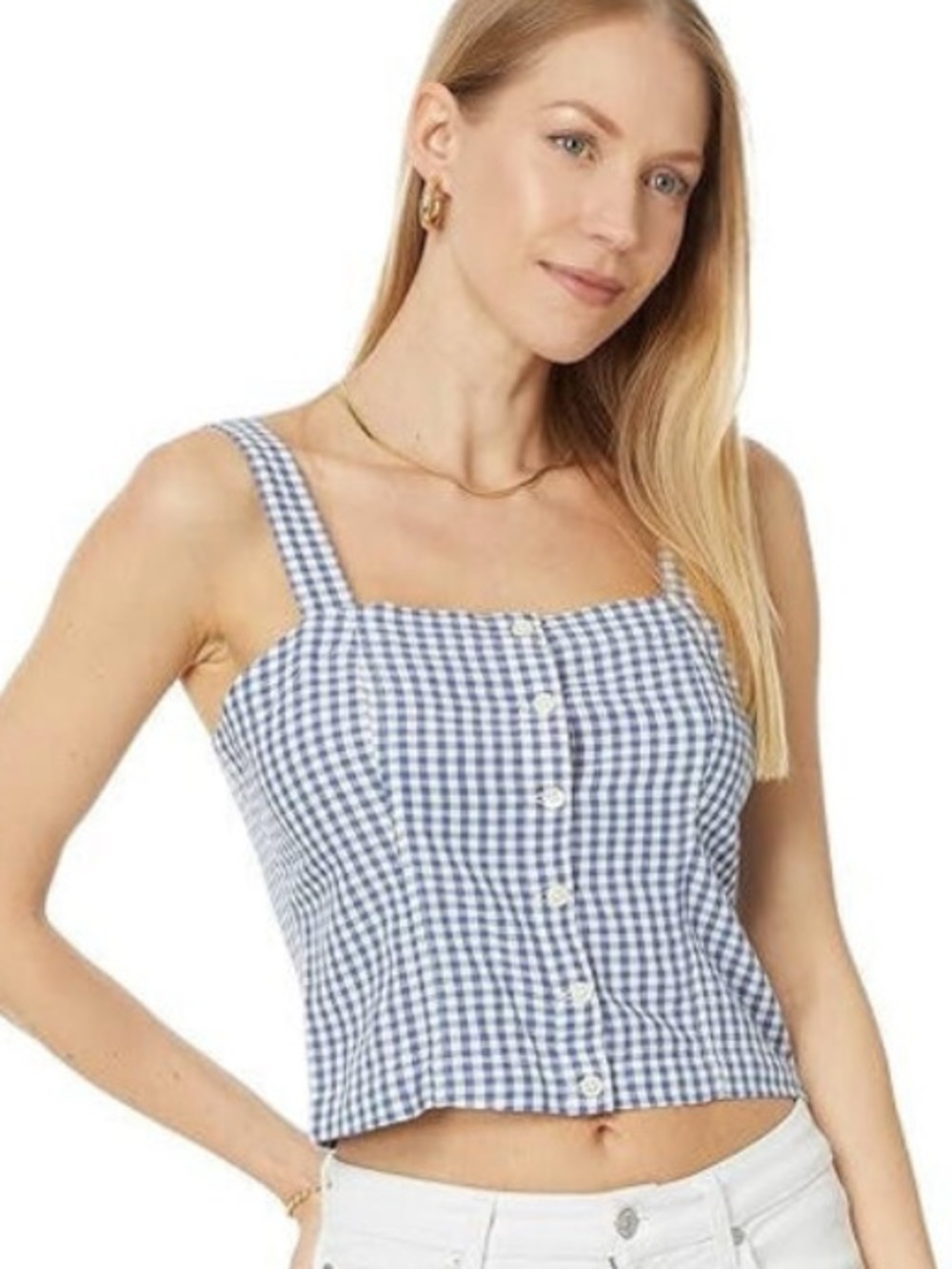 Levi’s Lottie Blue White Gingham Smocked Button Front Cropped Tank Top Medium